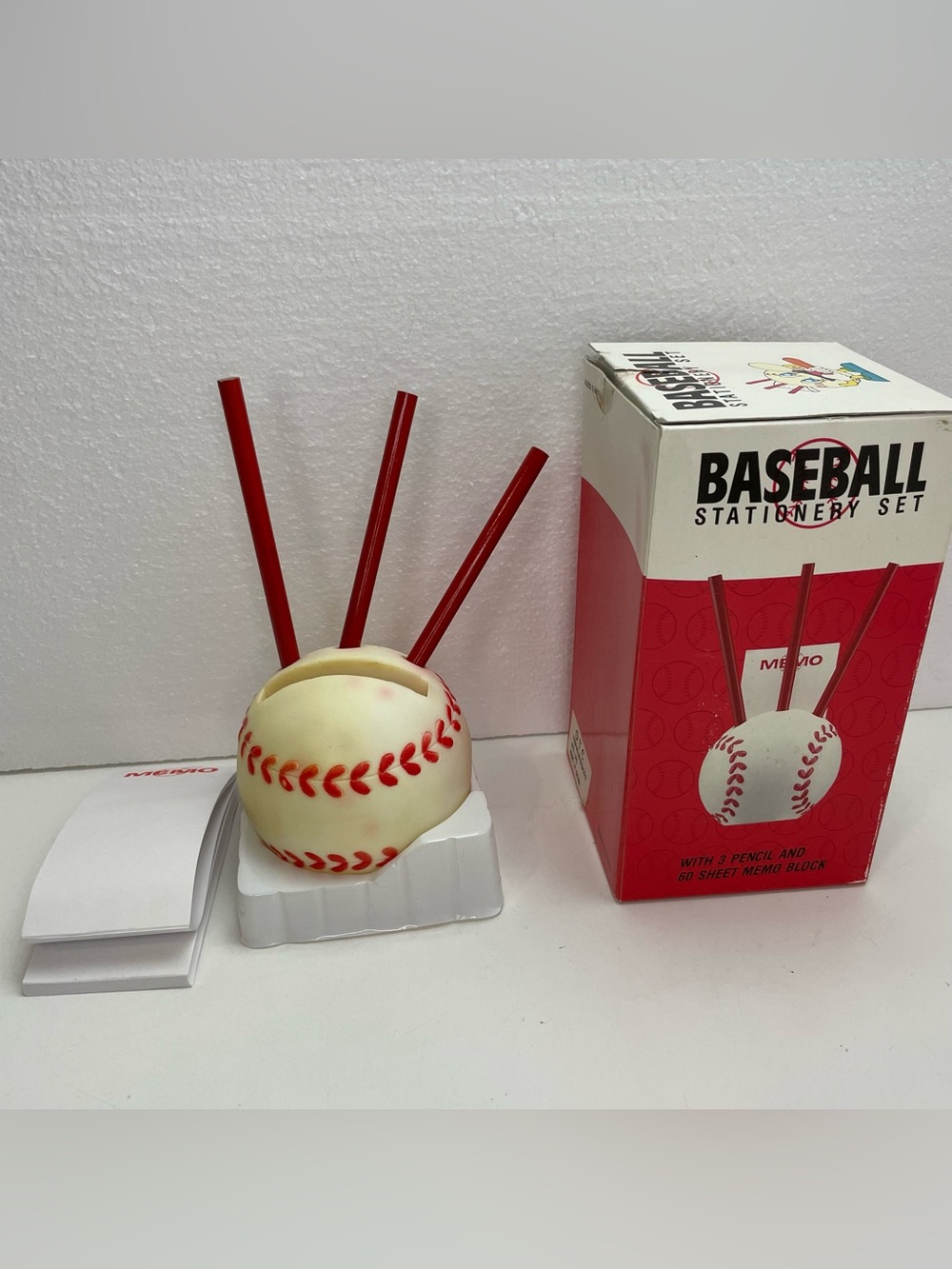 Vintage Novelty Baseball Stationery Desk Set With New 3 Pencils, Memo Pad